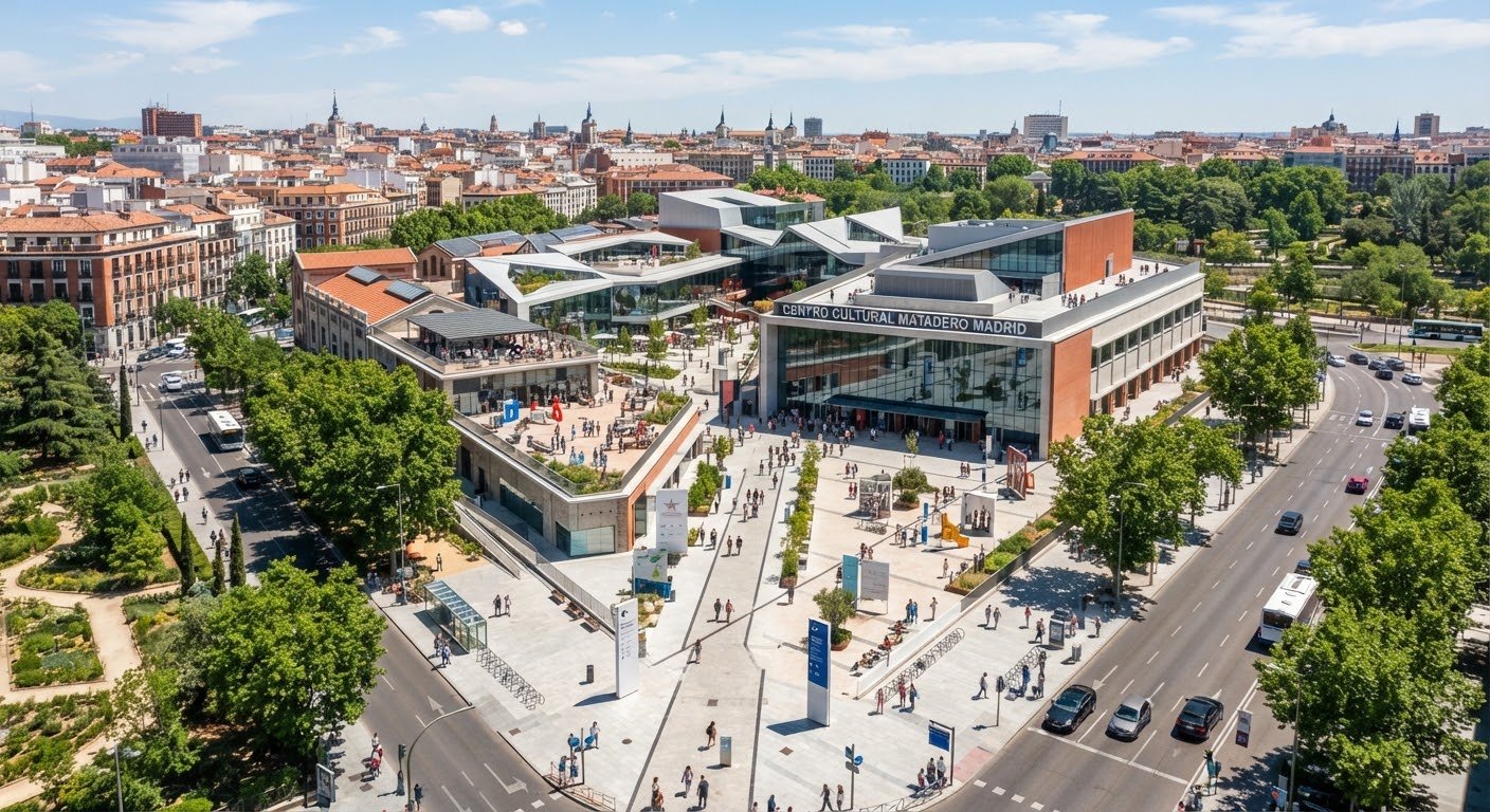 Vista aérea del predio del evento, con plazas de acceso pavimentadas y las calles del entorno